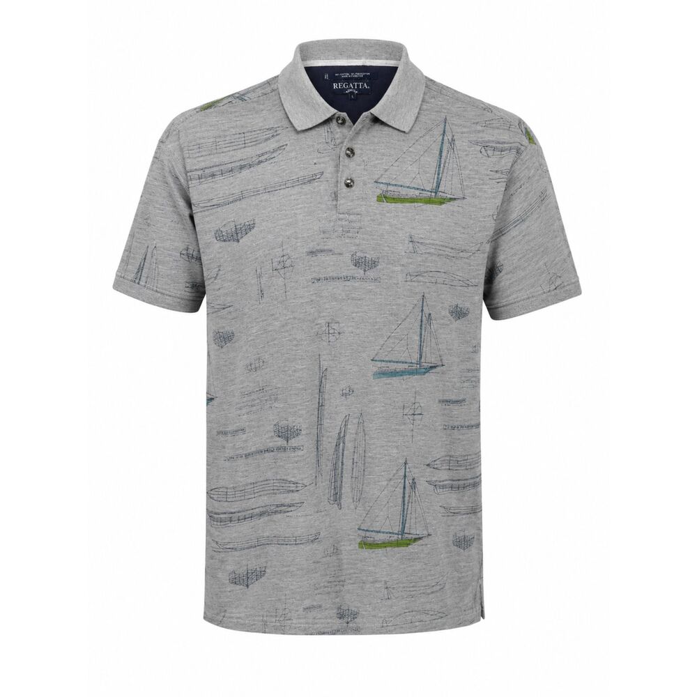 Regatta Men's Large Gray Sailboat Print Polo Shirt Nautical Cotton Blend